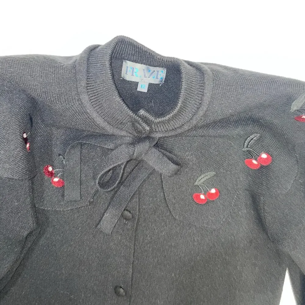 Girls Black Cardigan Sweater with Cherry Peter Pan Collar Tie Neck Size 12‎
